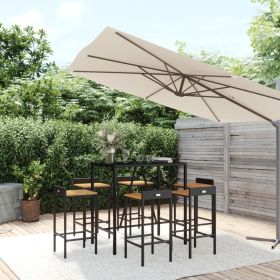 7 Piece Patio Bar Set Black Poly Rattan& Solid Wood Acacia
