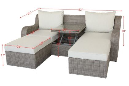 ACME Salena Patio Sectional & 2 Ottomans (2 Pillows) in Beige Fabric & Gray Wicker 45010
