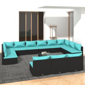 14 Piece Patio Lounge Set with Cushions Black Poly Rattan