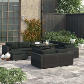 10 Piece Patio Lounge Set with Cushions Poly Rattan Black (Color: Black)
