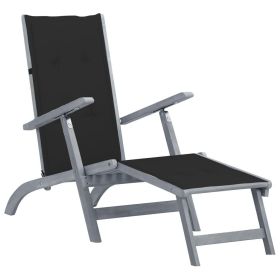 Patio Deck Chair with Footrest and Cushion Solid Acacia Wood (Color: Grey)