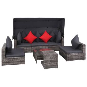 7 Piece Patio Lounge Set with Cushions Poly Rattan Gray (Color: Grey)
