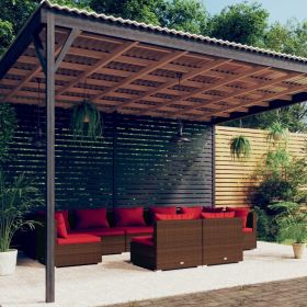 9 Piece Patio Lounge Set with Cushions Brown Poly Rattan (Color: Brown)