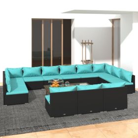 13 Piece Patio Lounge Set with Cushions Black Poly Rattan (Color: Black)