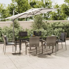 7 Piece Patio Dining Set with Cushions Black and Gray Poly Rattan (Color: Gray)