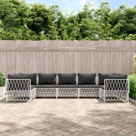7 Piece Patio Lounge Set with Cushions White Steel (Color: White)