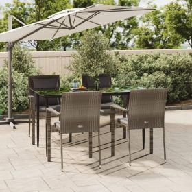 5 Piece Patio Dining Set with Cushions Black and Gray Poly Rattan (Color: Gray)
