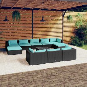 11 Piece Patio Lounge Set with Cushions Black Poly Rattan (Color: Black)