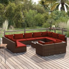 12 Piece Patio Lounge Set with Cushions Brown Poly Rattan (Color: Brown)