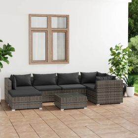7 Piece Patio Lounge Set with Cushions Poly Rattan Gray (Color: Gray)