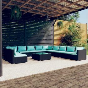 12 Piece Patio Lounge Set with Cushions Black Poly Rattan (Color: Black)