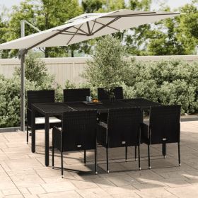 7 Piece Patio Dining Set with Cushions Black Poly Rattan (Color: Black)