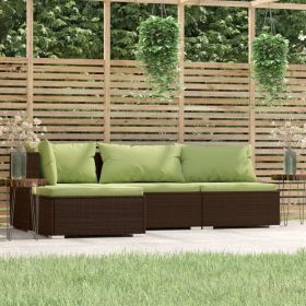 4 Piece Patio Lounge Set with Cushions Brown Poly Rattan (Color: Brown)