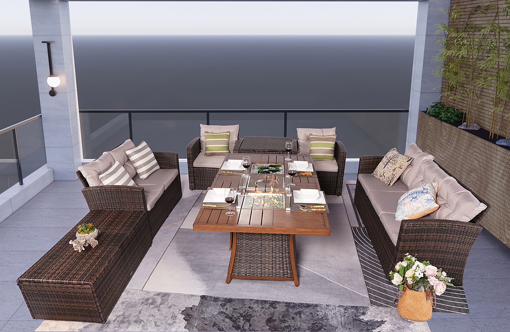 Direct Wicker Outdoor Patio Furniture Set with Rectangular Fire Pit Table in Elegant Brown or Chic Gray Direct Wicker Outdoor Patio Furniture Set with Rectangular Fire Pit Table in Elegant Brown or Chic Gray