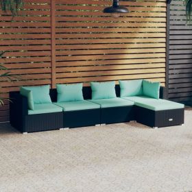5 Piece Patio Lounge Set with Cushions Poly Rattan Black (Color: Black)