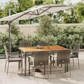 7 Piece Patio Dining Set with Cushions Gray Poly Rattan (Color: Gray)